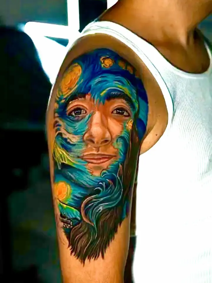 Color portrait sleeve fused with Van Gogh Starry Night brushstrokes on the upper arm by Fresiato at Shadow Studio Charlotte