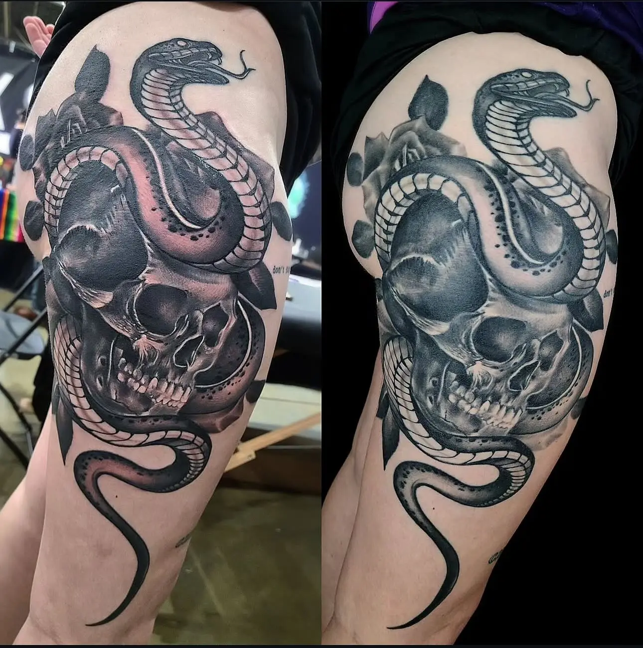 Black and grey neo-traditional thigh tattoo of a cobra coiled around a human skull by Joel at Shadow Studio Charlotte