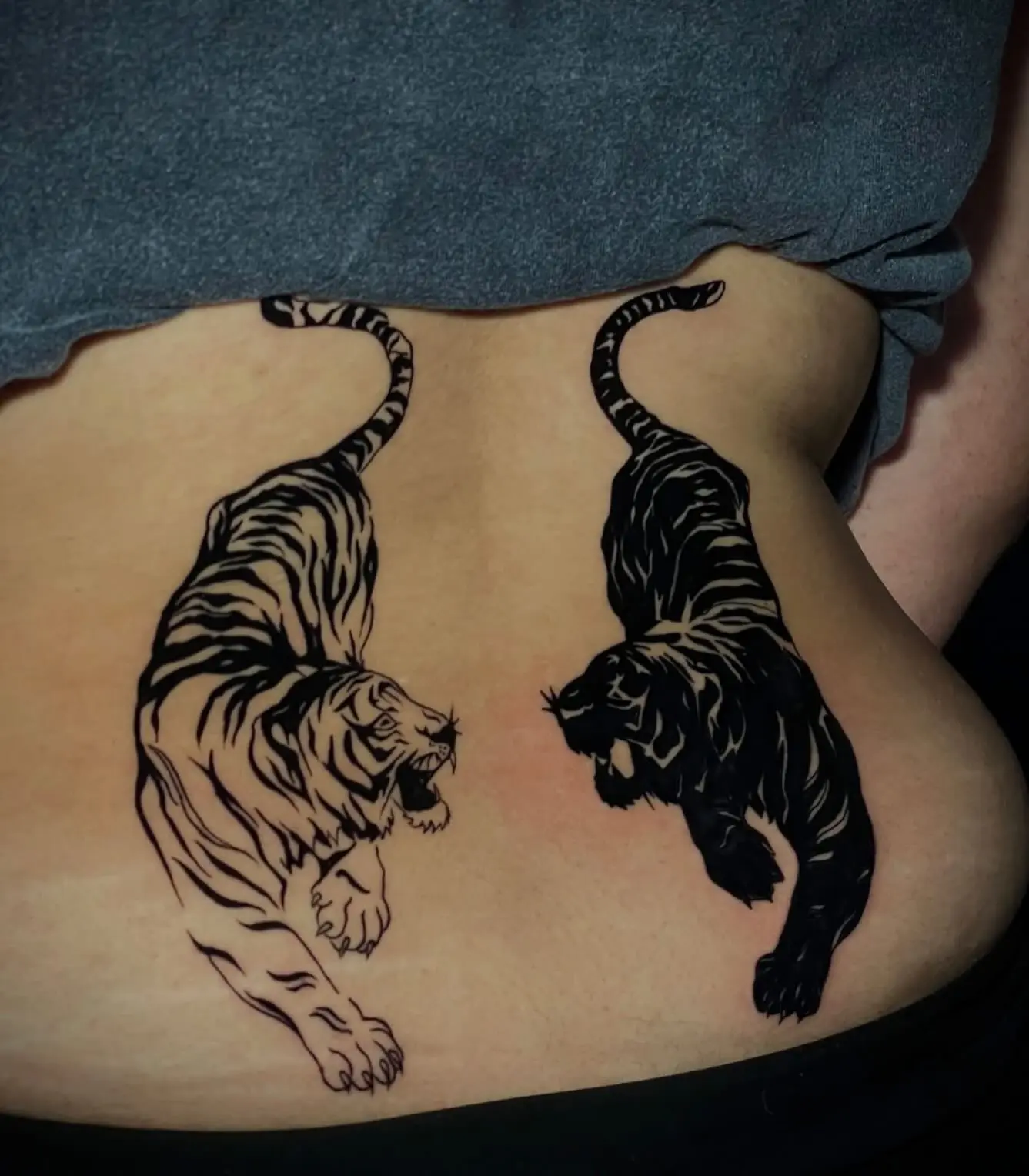 Black-ink twin tigers tattoo across the lower back by Venus at Shadow Studio Charlotte
