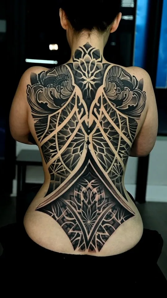 Ornamental geometric mandala back-piece tattoo by Shadow Studio Charlotte